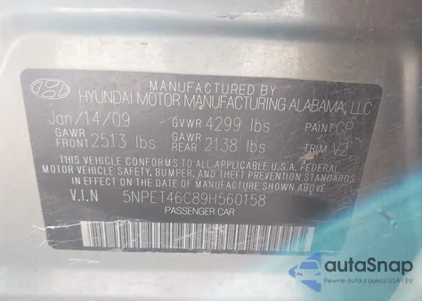 2009 Hyundai Sonata Gls из США, поврежденный, VIN 5NPET46C89H560158